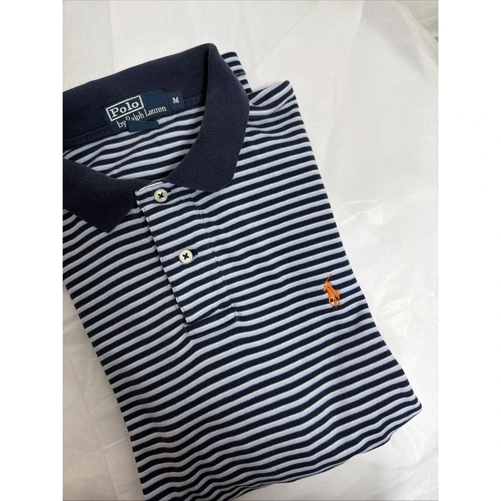 Polo Ralph Lauren Polo Mens Medium Collar Pony SS Blue Stripe Cotton 1/4 Button